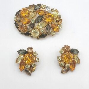 Vintage Austria Brooch Earrings Set Open Back Orange Clip Ons MISSING 1 STONE